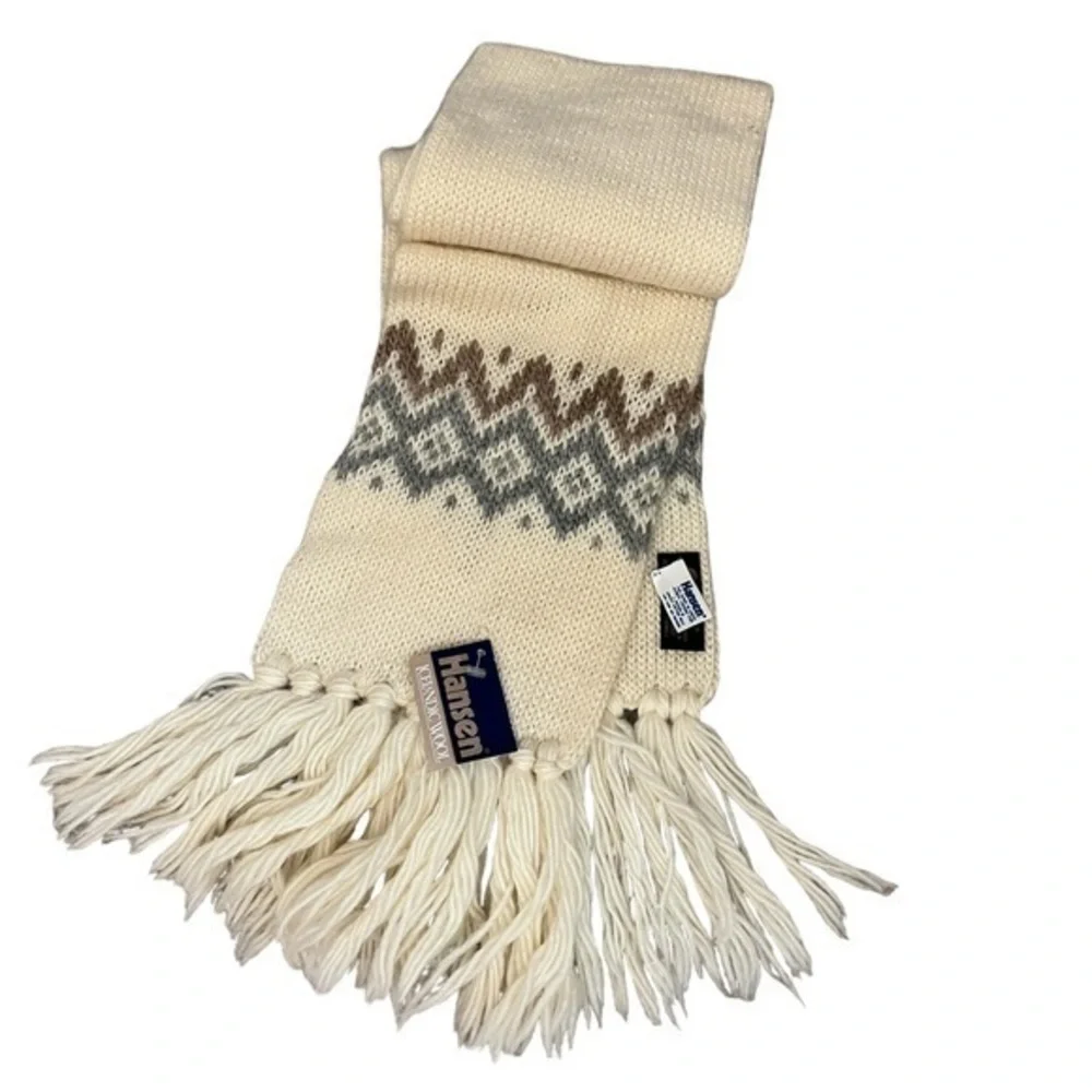 NWT! HANSON 100% Icelandic wool cream gray & brown thick knit scarf w/ fringe
